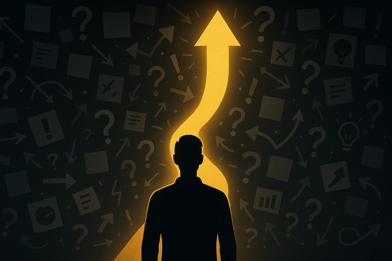 Dramatic illustration of a faceless person standing in front of chaotic symbols of confusion