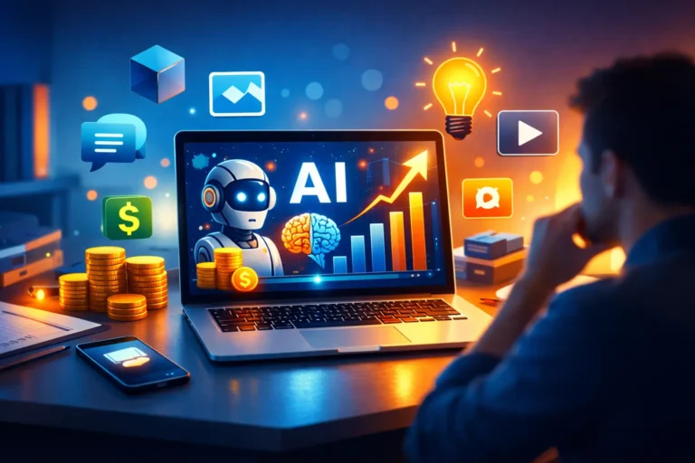 A modern workspace with AI icons, money, and graphic symbols on a laptop screen, representing high-income AI side hustle ideas for 2026.