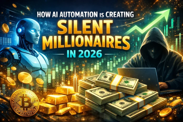 AI automation creating silent millionaires in 2026, futuristic robot and anonymous entrepreneur using artificial intelligence to generate passive income and digital wealth
